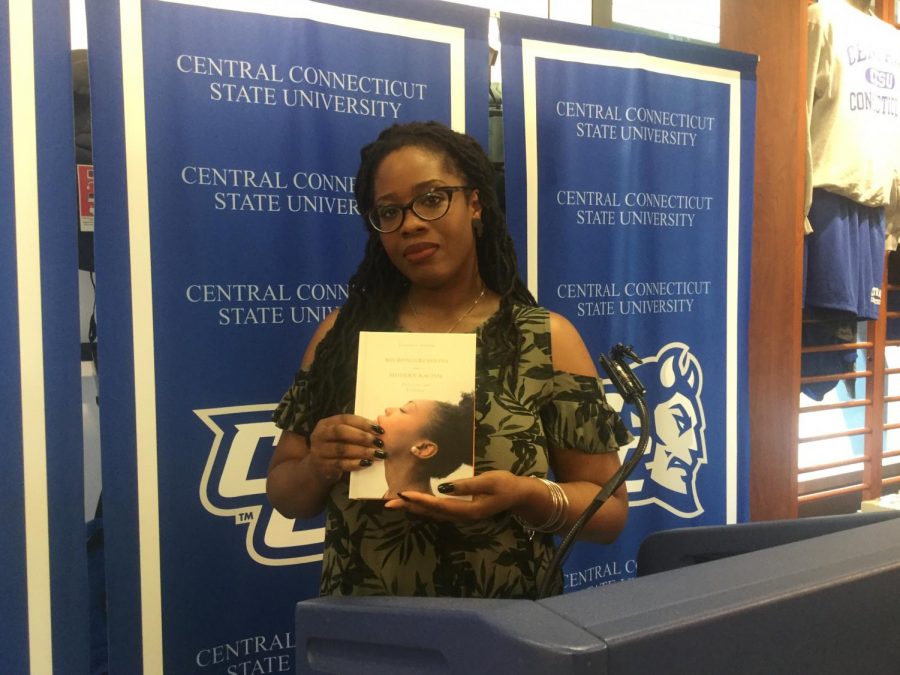 Charisse+Levchak%2C+an+assistant+sociology+professor%2C+showcased+her+new+book%2C+%E2%80%9CMicroaggressions+and+Modern+Racism%3A+Endurance+and+Evolution%2C%E2%80%9D+at+the+Central+Authors+event+in+the+CCSU+bookstore.+