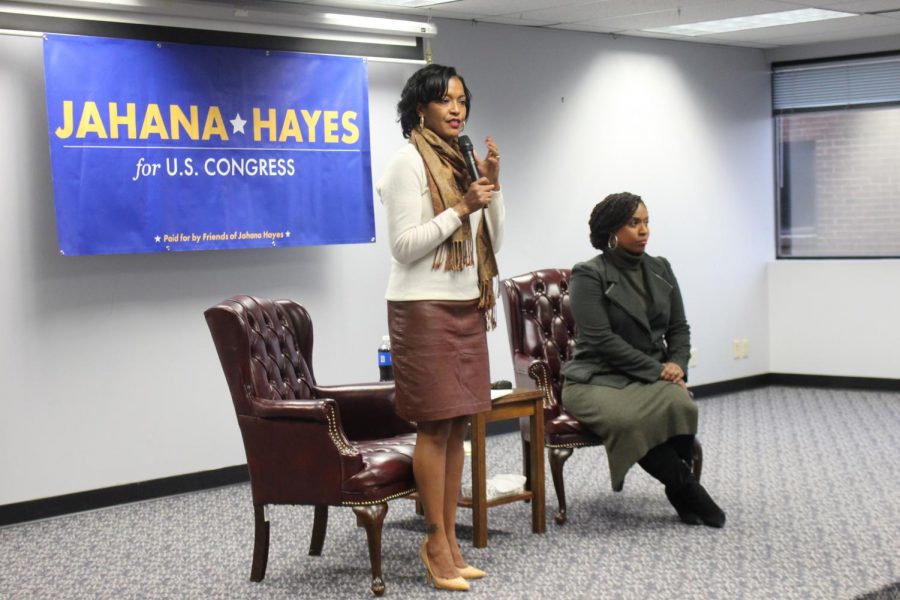 Congressional candidates Jahana Hayes, left, and Ayanna Pressley, right, came to Central Connecticuts downtown campus on Sunday for a student forum.