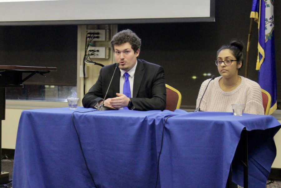 SGA presidential candidates Vice President Dante Solano, left, and Senator Roshanay Tahir, right, vouched for their campaigns at Mondays SGA debate.