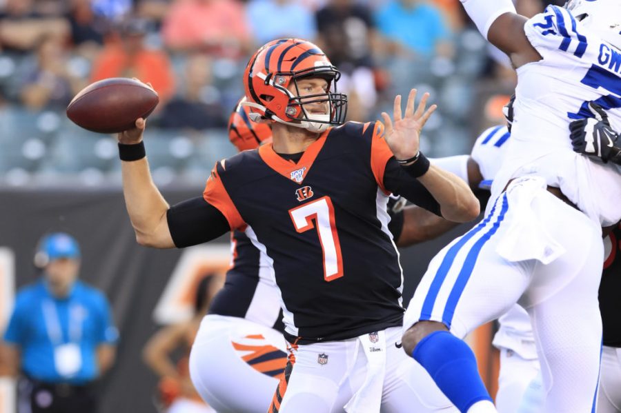 Former Central Connecticut Jake Dolegala, now of the Cincinnati Bengals throws a pass against the Indianapolis Colts.