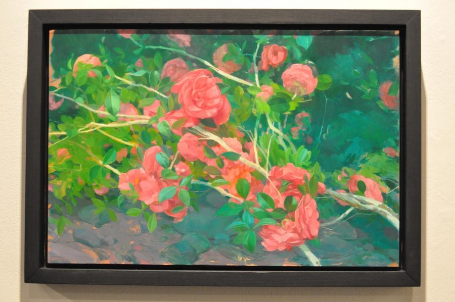 Benjamin Shambacks painting entitled Camelias By a Dry River Bed done on copper with oil paint.