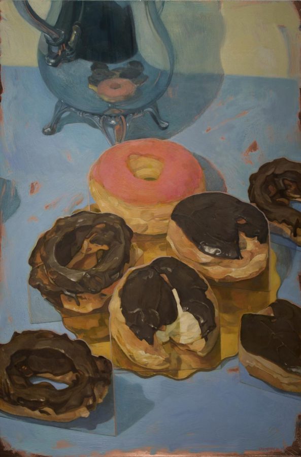 Benjamin Shambacks painting entitled Donuts on Blue done on copper with oil paint.