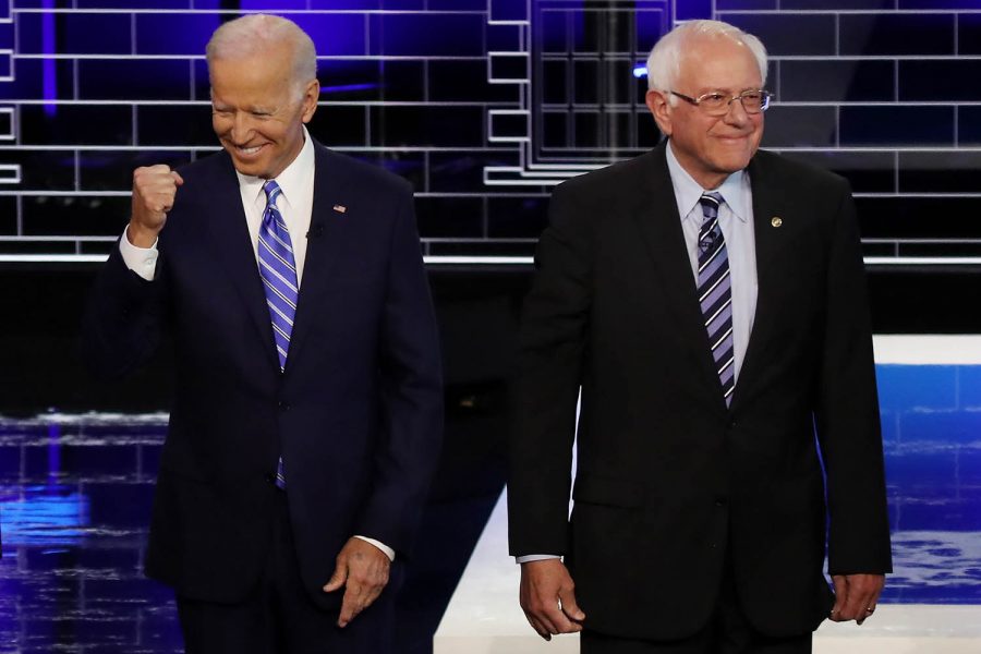 Former Vice President Joe Biden and Sen. Bernie Sanders at the Democratic presidential debate in Miami, Florida, on June 27, 2019. Drew Angerer/Getty Images