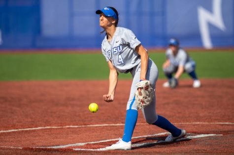 CCSUs Kaylee Whittaker steps into her pitch during Blue Devils, 9-1, loss to Mount Saint Marys in   Emmitsburg, Maryland on Sunday, April 3.