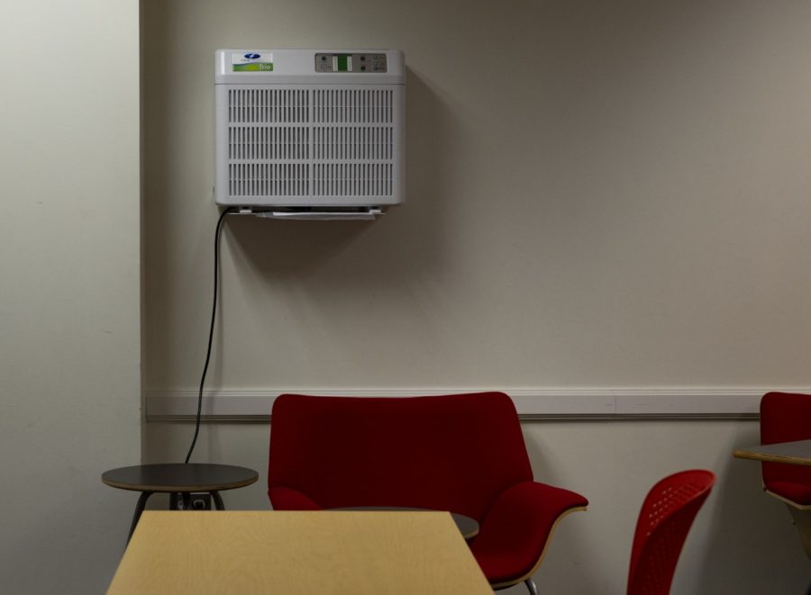 The lower level of Robert C. Vance Academic Center has a Field Controls air purifier plugged into the wall. On April 21, the purifier remained after the mask mandate was lifted. 