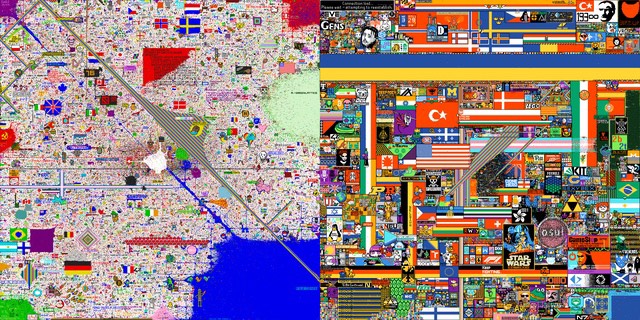 Side-by-side comparison of what r/place looked like 8 hours after it was uploaded in 2017 (Left) and 2022 (Right).