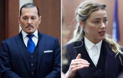 Left: Depp in the courtroom at Fairfax County Circuit Courthouse on April 25. Right: Heard converses with the legal team at the courthouse on April 21.