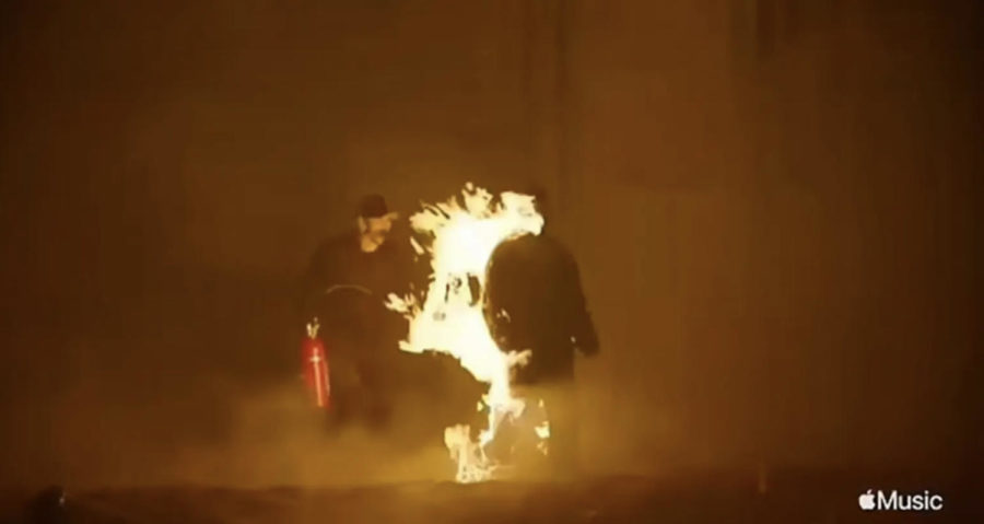 Ye setting himself on fire at the listening party for his album “Donda” in 2021.