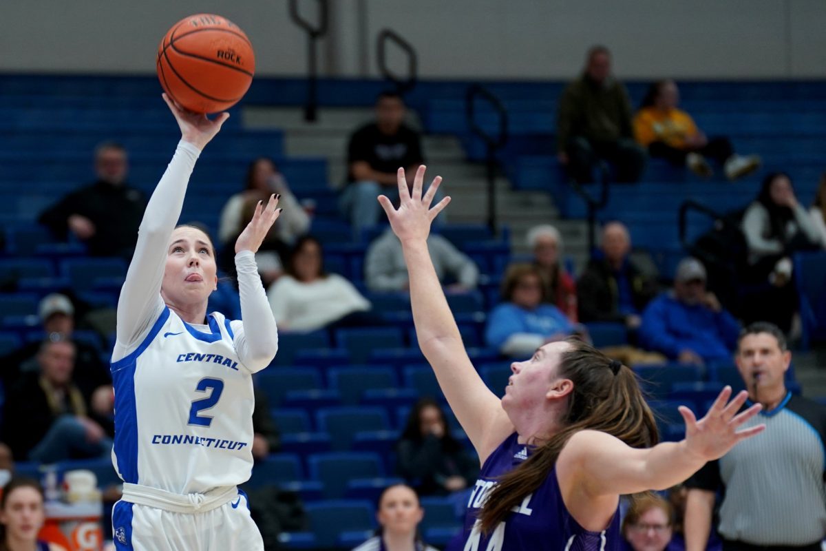 Belle Lanpher putting up a floater during Saturday's 71-59 win over Stonehill.