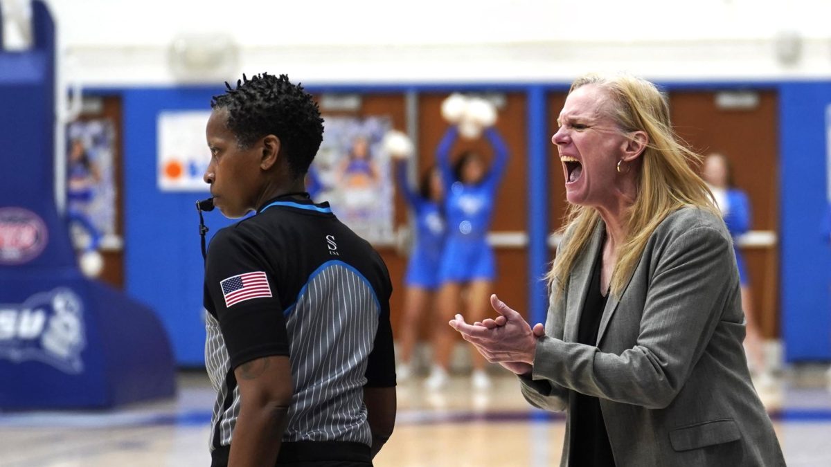 Interim Head Coach Kristin Caruso during Saturday's 76-65 win over Wagner.