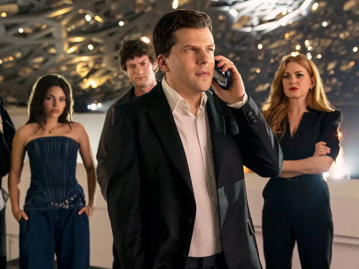 Jesse Eisenberg (center) as J Daniel Atlas in Now You See Me Now You Don't