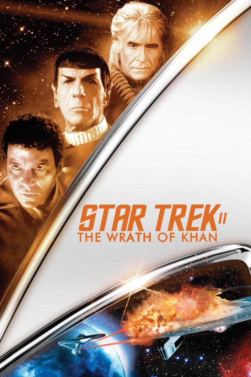 The official cover for Star Trek II: The Wrath of Khan (1982). Featuring William Shatner as Admiral Kirk, Leonard Nimoy as Captain Spock, and Ricardo Montalbán as Khan Noonien Singh.