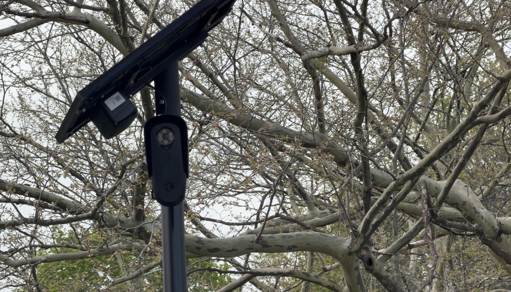 A Flock ALPR camera at the entrance of Kaiser Drive. 